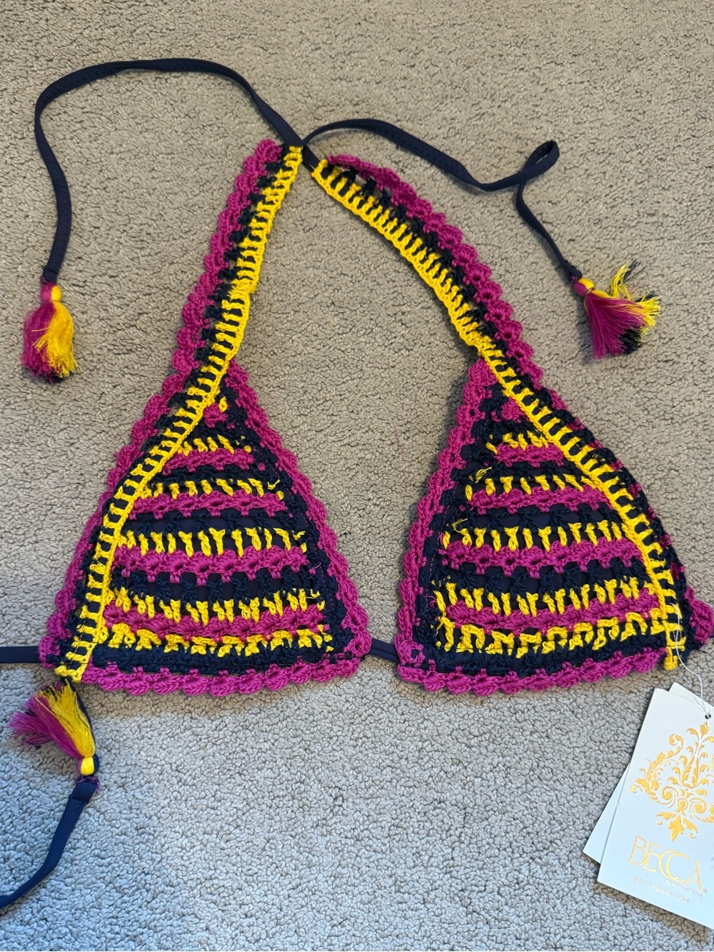 NWT Becca Crochet Triangle Bikini Top in Pink, Yellow & Navy | Size S